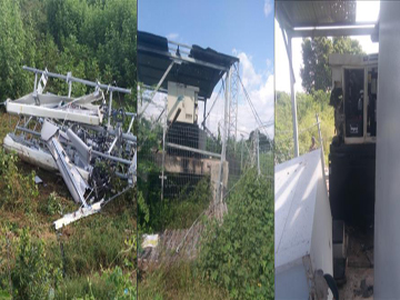 The record photo showing the destruction of a MYTEL telecommunication tower, installed near Kani Village in Myingyan Township, set fire by so-called PDF terrorists.