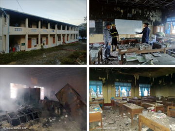 The recorded photo shows the aftermath of the terrorists setting fire to the Basic Education High School in Tonzang Town.