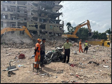 မန္တလေးတိုင်းဒေသကြီး၊ အောင်မြေသာစံခရိုင်၊ အောင်မြေသာစံမြို့နယ်၊ အနှိပ်တော်ရပ်ကွက်ရှိ Sky Villa Condo အဆောက်အအုံဖြိုချနေမှု အခြေအနေများအား ကြည့်ရှုစစ်ဆေးမှု မှတ်တမ်းဓာတ်ပုံ။