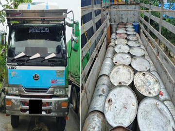 ကရင်ပြည်နယ်၊ ဘားအံမြို့နယ်၌ အထောက်အထားမဲ့ စက်သုံးဆီများ တင်ဆောင်လာသည့် မော်တော်ယာဉ် တစ်စီး ဖမ်းဆီးအရေးယူမှု မှတ်တမ်းဓာတ်ပုံ။