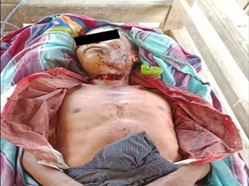 မန္တလေးတိုင်းဒေသကြီး၊ ပျော်ဘွယ်မြို့နယ်၌ PDF အမည်ခံ အကြမ်းဖက်အဖွဲ့က ဓားဖြင့် ထိုးခုတ်သတ်ဖြတ်ခဲ့မှုကြောင့် အပြစ်မဲ့ အရပ်သားပြည်သူ တစ်ဦး သေဆုံးမှုမှတ်တမ်းဓာတ်ပုံ။