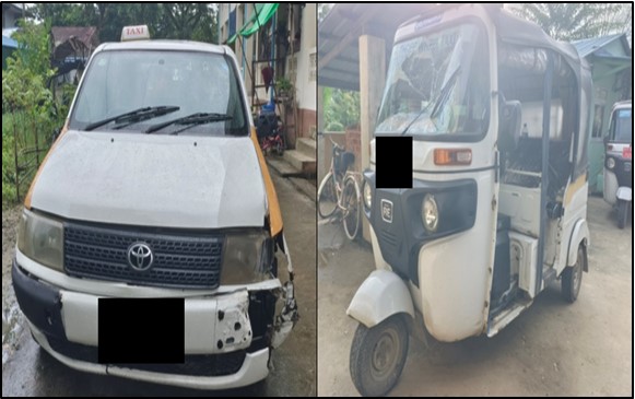 ရန်ကုန်တိုင်းဒေသကြီး၊ ဒလမြို့နယ်၌  ယာဉ်တိုက်မှုဖြစ်ပွားသည့်  မော်တော်ယာဉ်နှင့် သုံးဘီးယာဉ်၏ မှတ်တမ်းဓာတ်ပုံ။